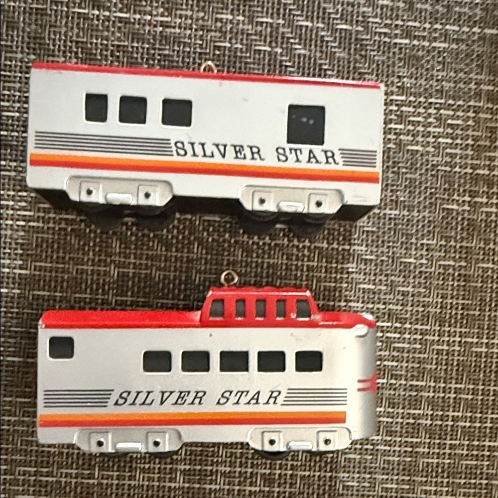 Silver Star Train Ornaments Vintage Hallmark 1992. Set of 2